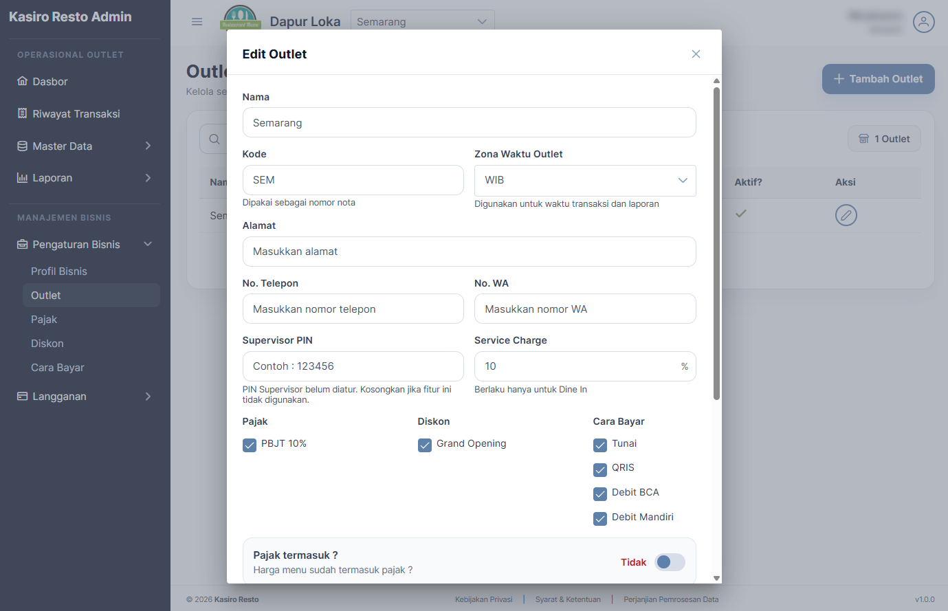 Dashboard Kasiro Resto Admin dengan status perangkat kasir