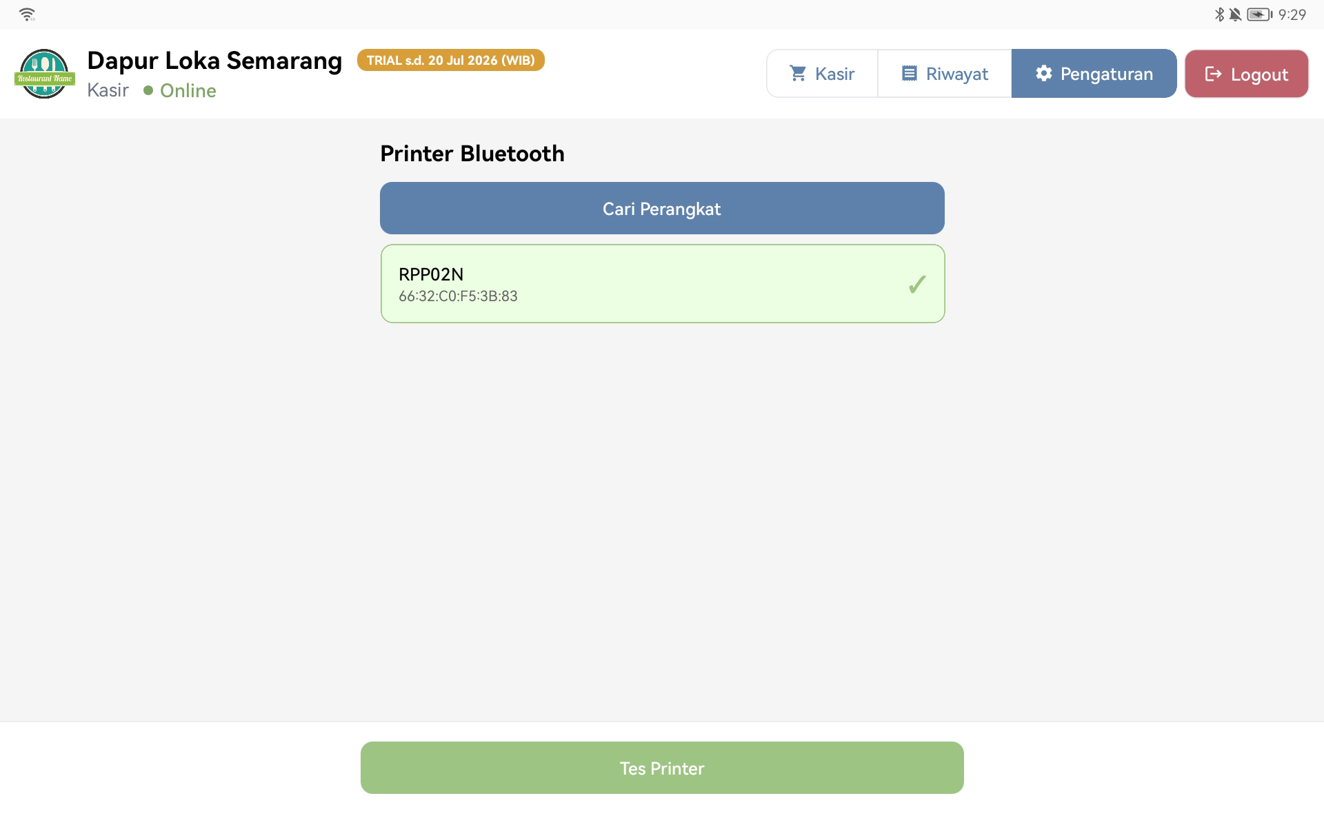 Pengaturan printer Bluetooth Kasiro Resto